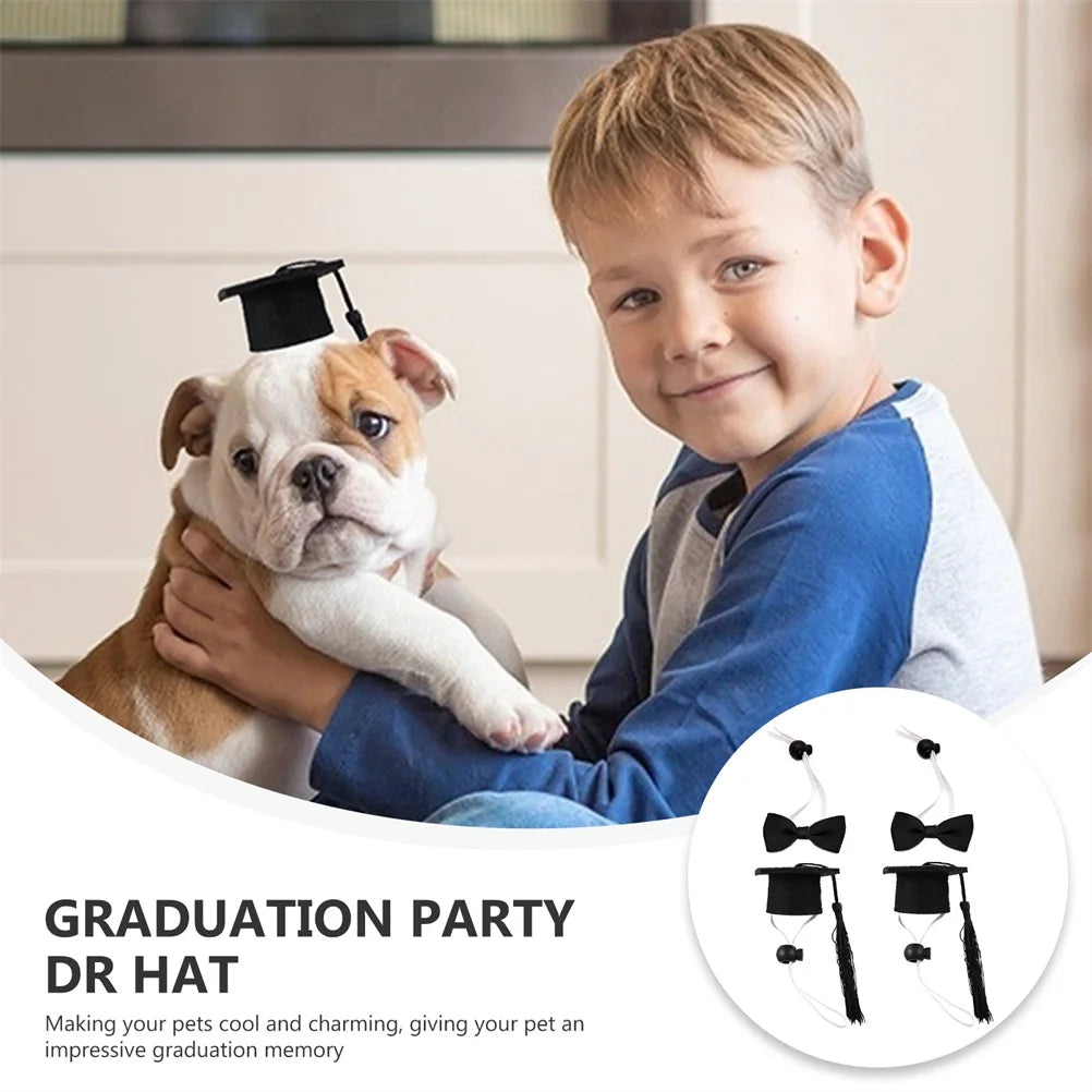 2pcs Pet Bachelor's Hat Set Elastic Adjustable Black Tassel Graduation Cap Bow Tie Dog Accessories Small Animals Costumes