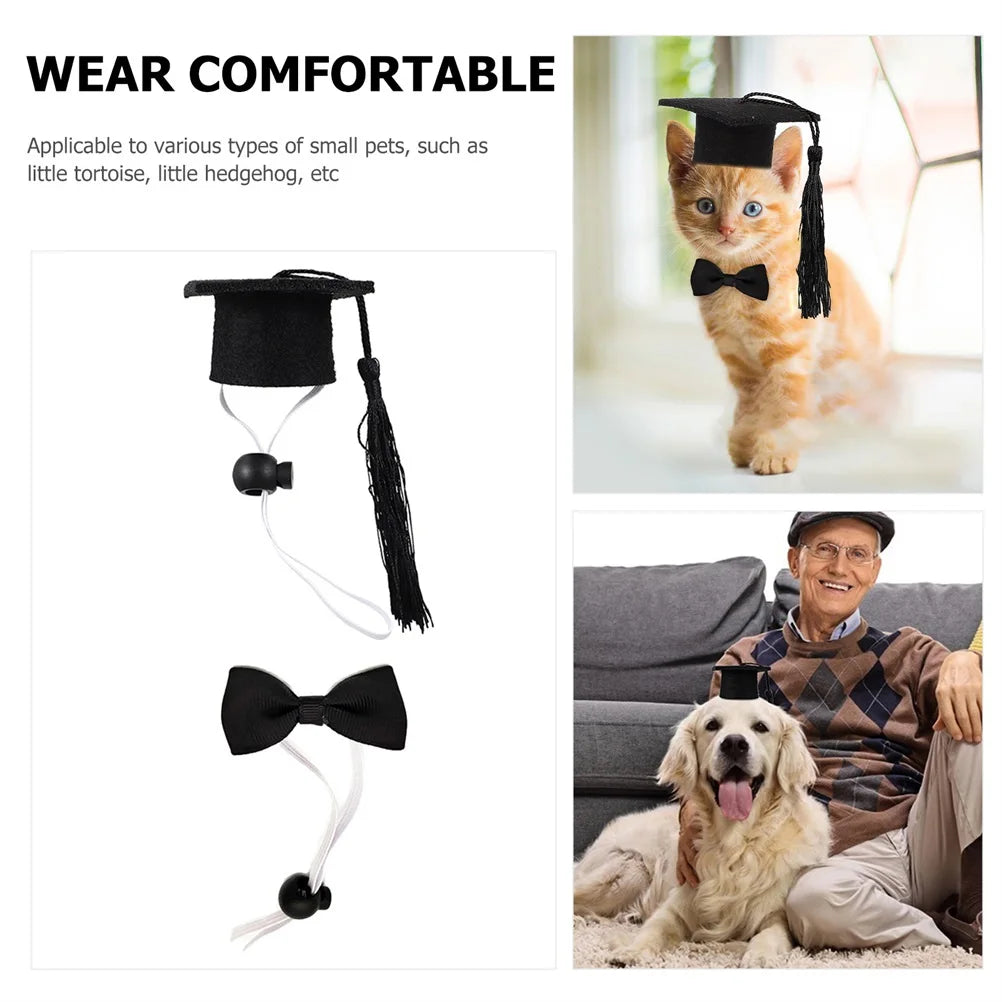 2pcs Pet Bachelor's Hat Set Elastic Adjustable Black Tassel Graduation Cap Bow Tie Dog Accessories Small Animals Costumes