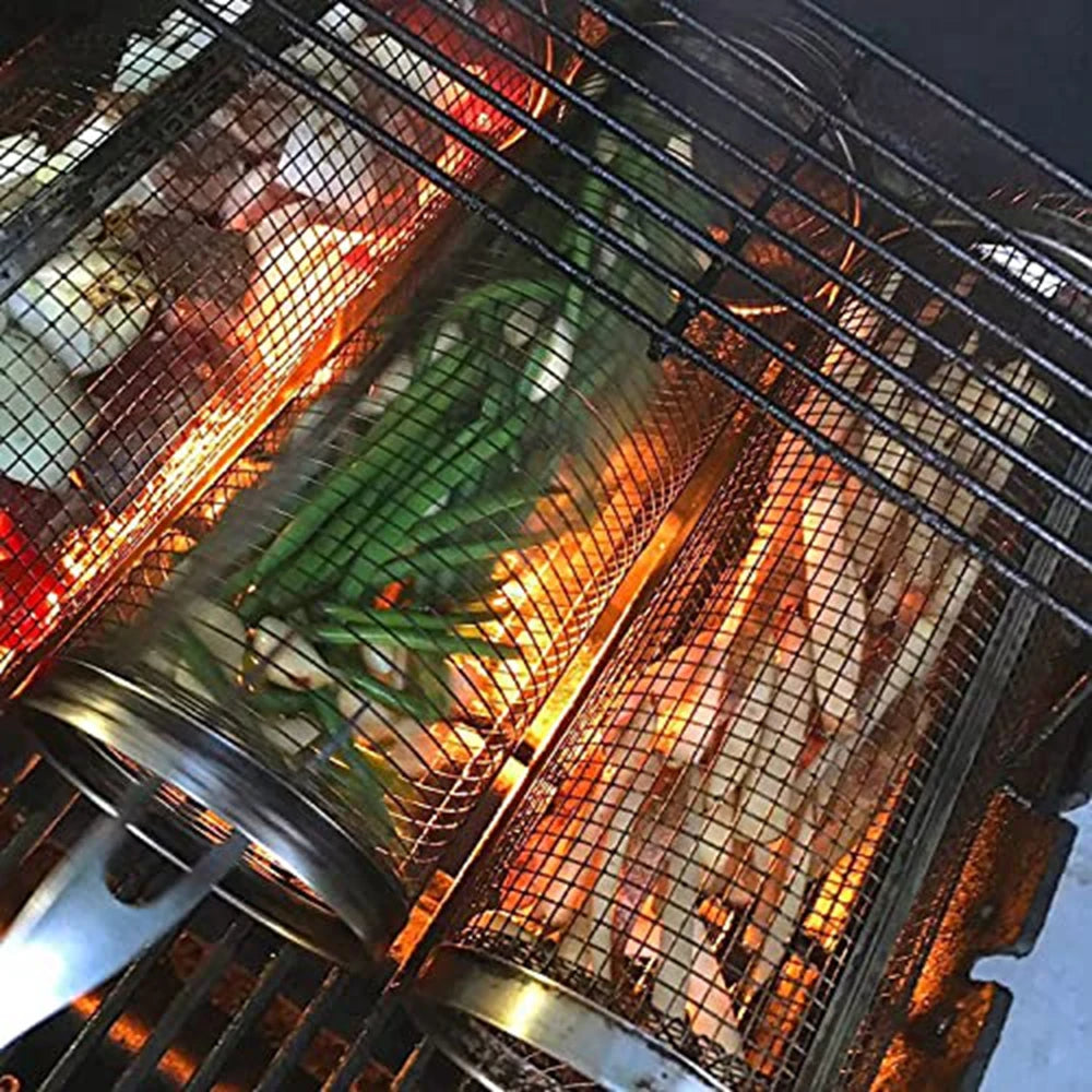 1-4pcs Rolling Grilling Basket Stainless Steel BBQ Grill Basket Mesh Portable Outdoor Camping Barbecue Rack kitchen accessories