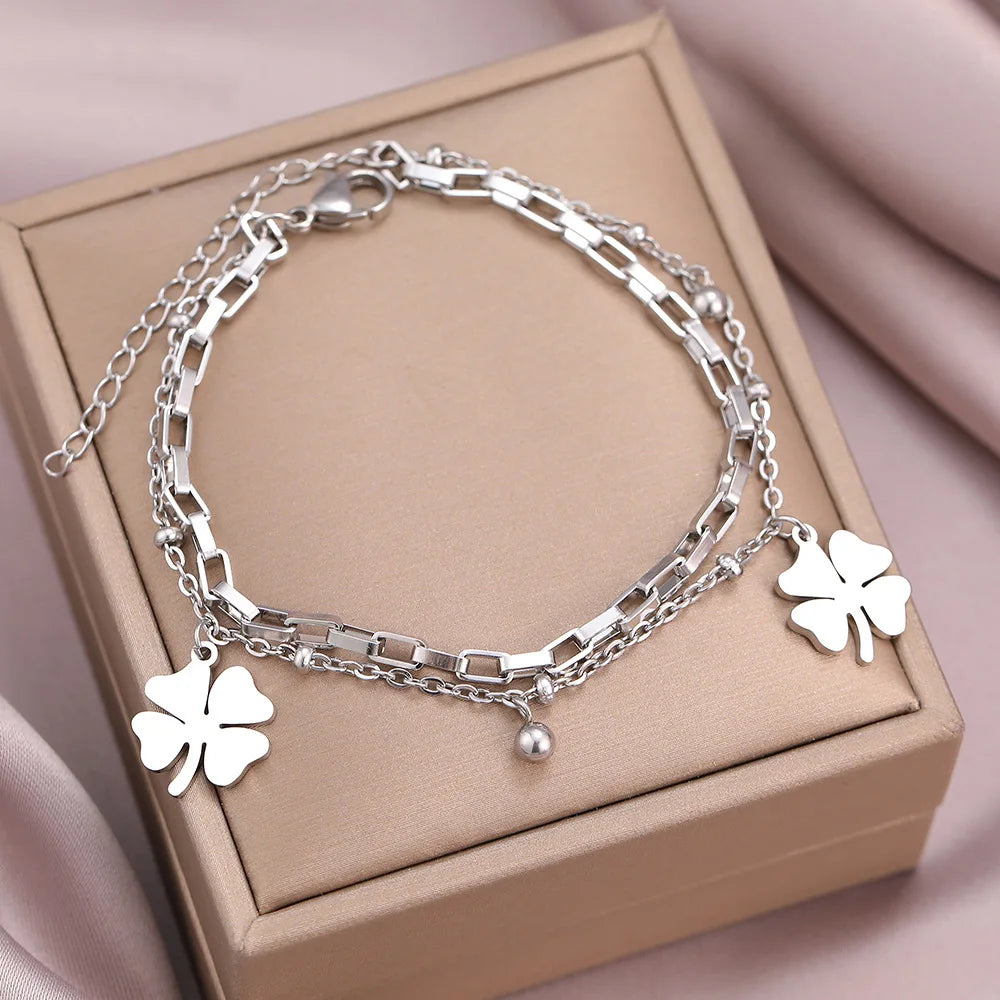 Clearance_Stainless Steel Bracelets Trendy Fine Bell Clovers Pendant Beads Layer Chain Fashion Bracelet For Women Jewelry Festiv