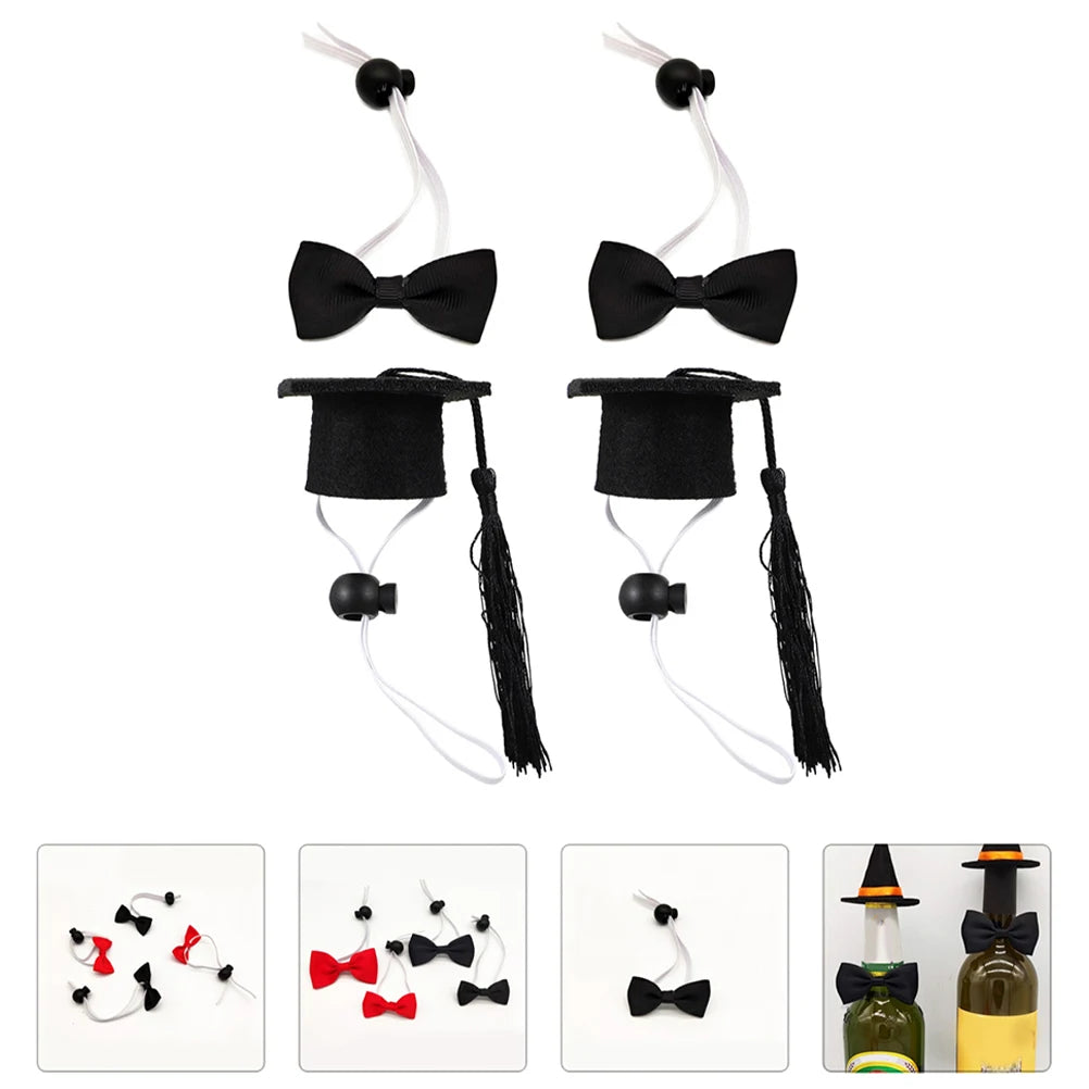 2pcs Pet Bachelor's Hat Set Elastic Adjustable Black Tassel Graduation Cap Bow Tie Dog Accessories Small Animals Costumes