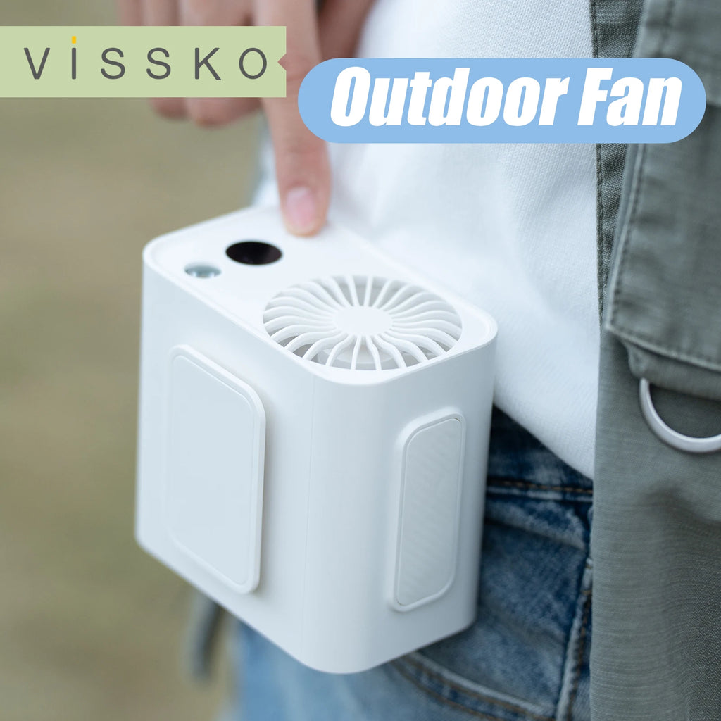 Vissko Outdoor Waist Mounted Fan Polymer Battery Anti Drop Shock Absorption USB Portable with Bladeless Hanging Neck Fan