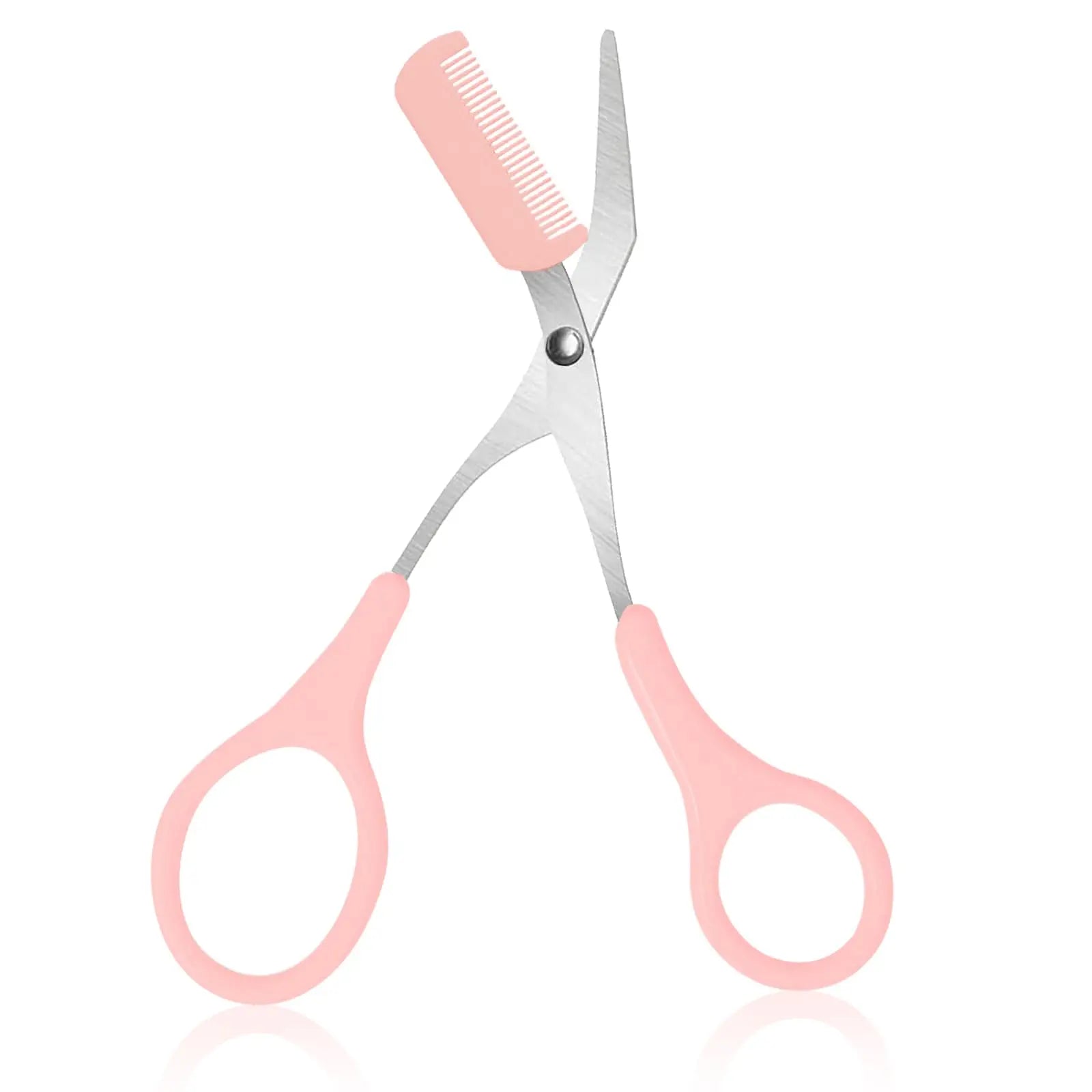 Pink eyebrow trimming scissors with built-in comb - stainless steel, precise grooming tool, creating perfect eyebrows