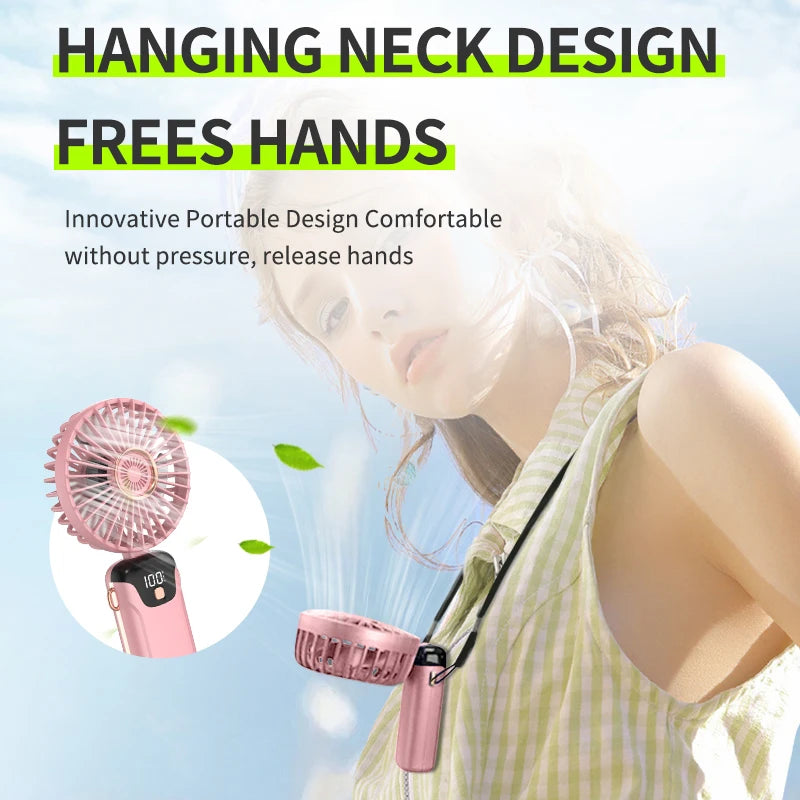 Portable Handheld Small Fan Multifunctional Folding Mini Cute Hanging Neck Small Fan Student Dormitory With Display Screen