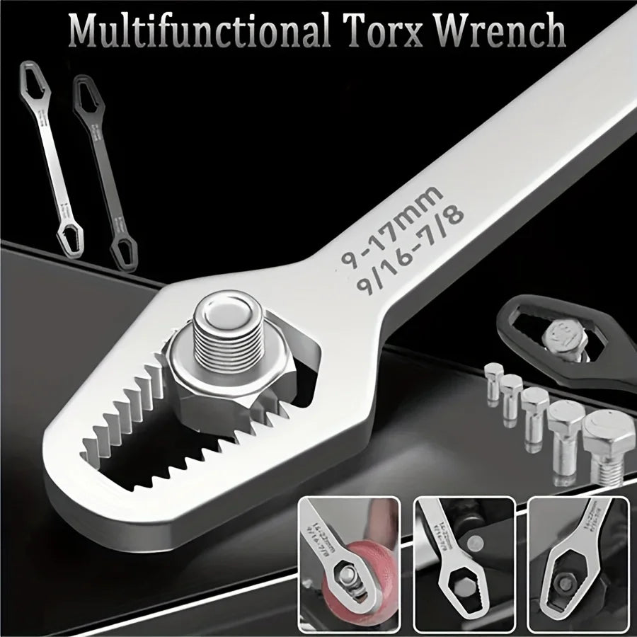 Multi functional black 5mm thick T-shaped wrench, adjustable self tightening double head wrench, wrench diameter 3-17mm