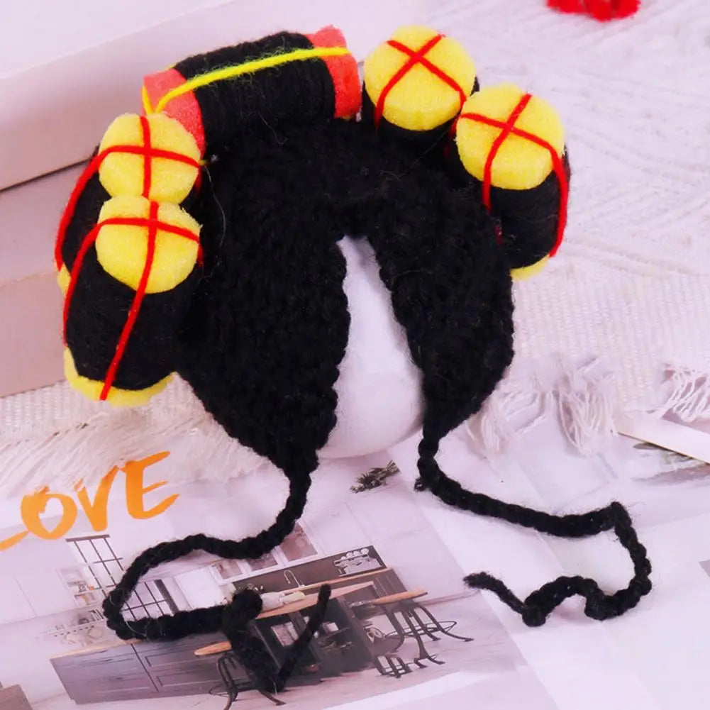 Funny Pet Hat Wig With Hair Rollers Elastic Knitted Lace-up Strap Anti-slip Curly Hair Cat Party Cosplay Headdress Cat Dog Cap
