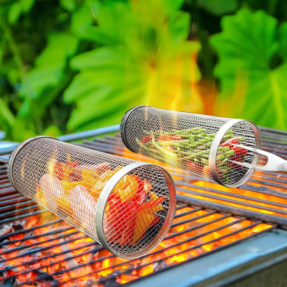 1-4pcs Rolling Grilling Basket Stainless Steel BBQ Grill Basket Mesh Portable Outdoor Camping Barbecue Rack kitchen accessories