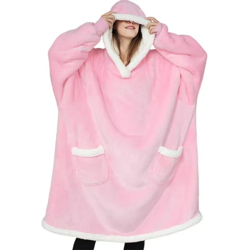 Oversized Wearable Blanket Hoodie Unisex Winter Warm Sweatshirt Homewear Men Women Long Flannel Hooded TV Blanket