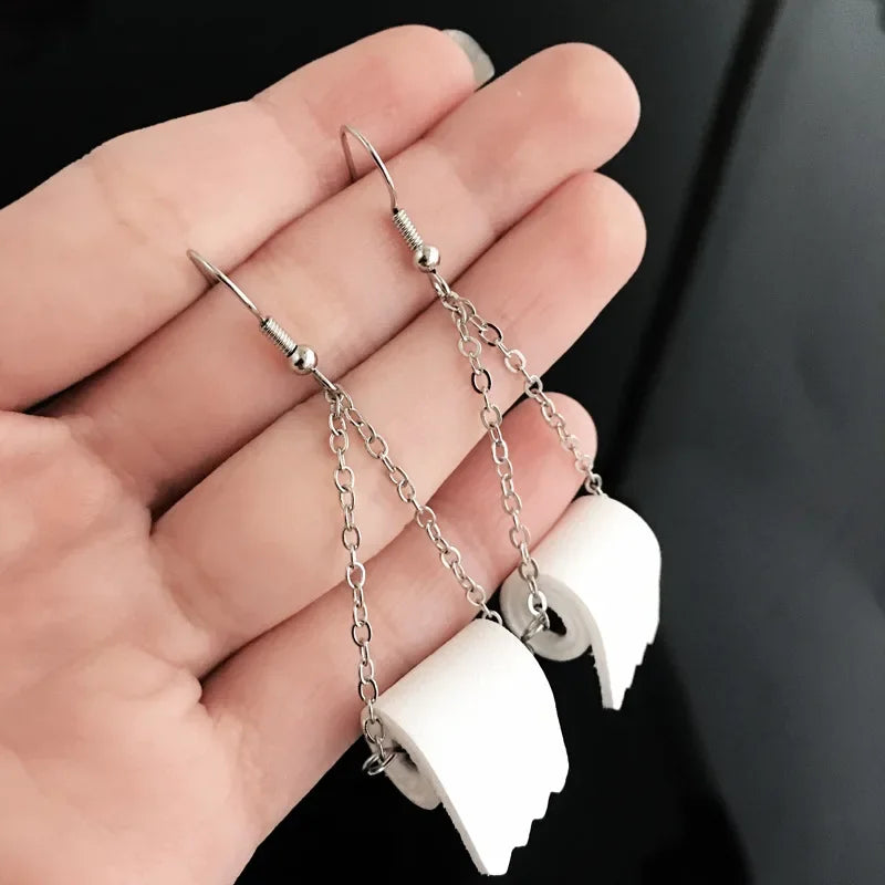 1pair Funny Toilet Paper Simulated Pearl Drop Earrings Creative Roll Paper Towel Statement Earrings Woman Personality Jewelry