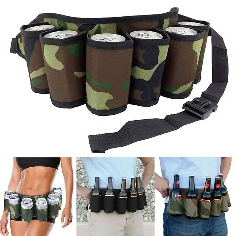 6-Pack Outdoor Beer Belt - Portable Durable Fabric Waist Bag for Hiking/Parties - Easy Carry Beverage Holder
