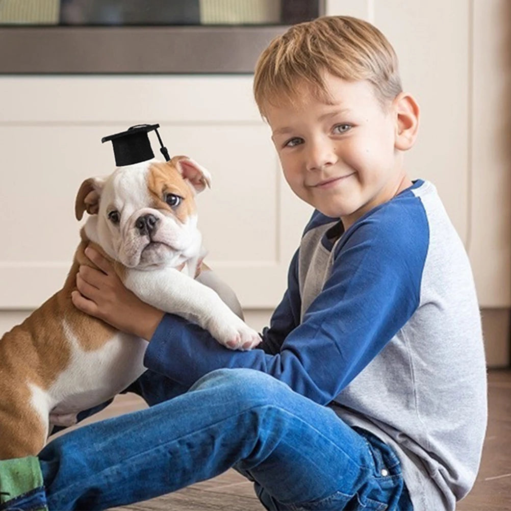 2pcs Pet Bachelor's Hat Set Elastic Adjustable Black Tassel Graduation Cap Bow Tie Dog Accessories Small Animals Costumes