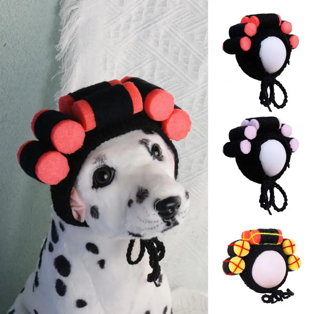 Funny Pet Hat Wig With Hair Rollers Elastic Knitted Lace-up Strap Anti-slip Curly Hair Cat Party Cosplay Headdress Cat Dog Cap
