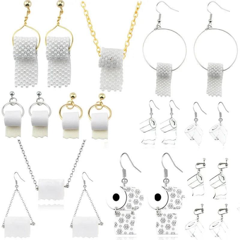 1pair Funny Toilet Paper Simulated Pearl Drop Earrings Creative Roll Paper Towel Statement Earrings Woman Personality Jewelry